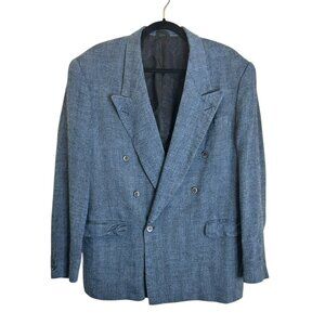 Vintage 100% Silk Double Breasted Men's Blue Blazer Sport Coat Jacket Sz 42L